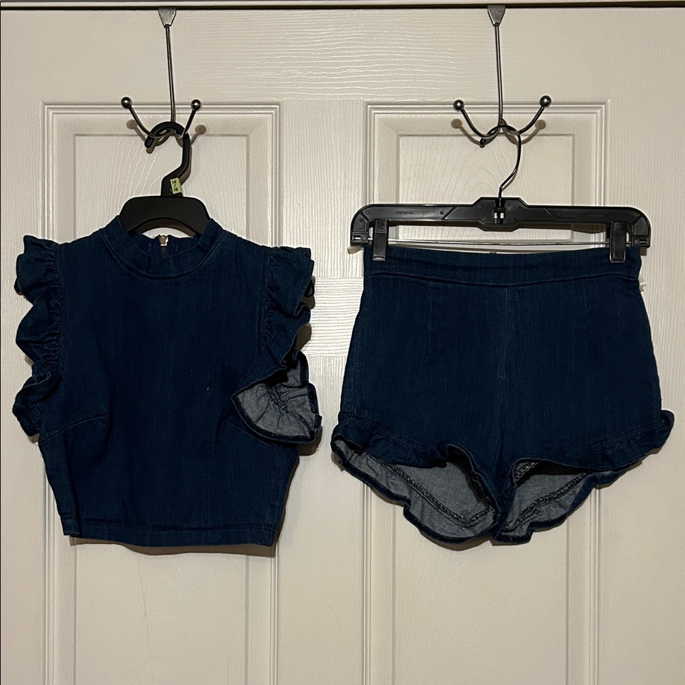 Women's Dark Blue Ruffle-Trim Denim Shorts